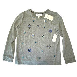 NWT Vince Camuto Rhinestone Sweatshirt Top Sz.L Gray Embellished Cotton Preppy